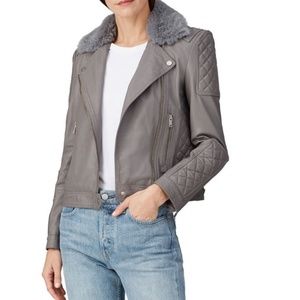 Gray Leather Jacket with Fur Collar